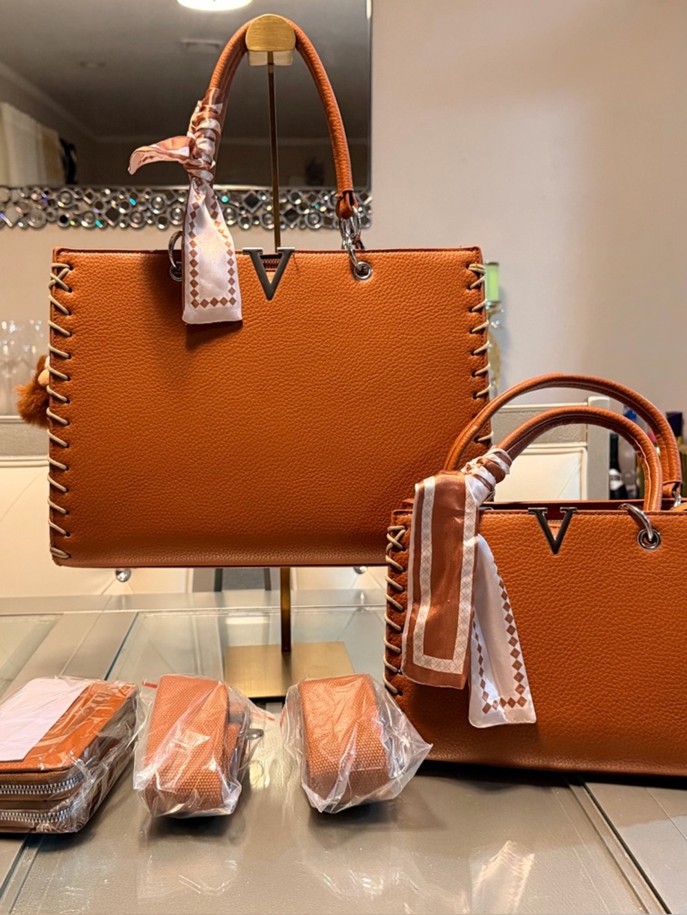 Chic brown tote Bag Set with Scarf